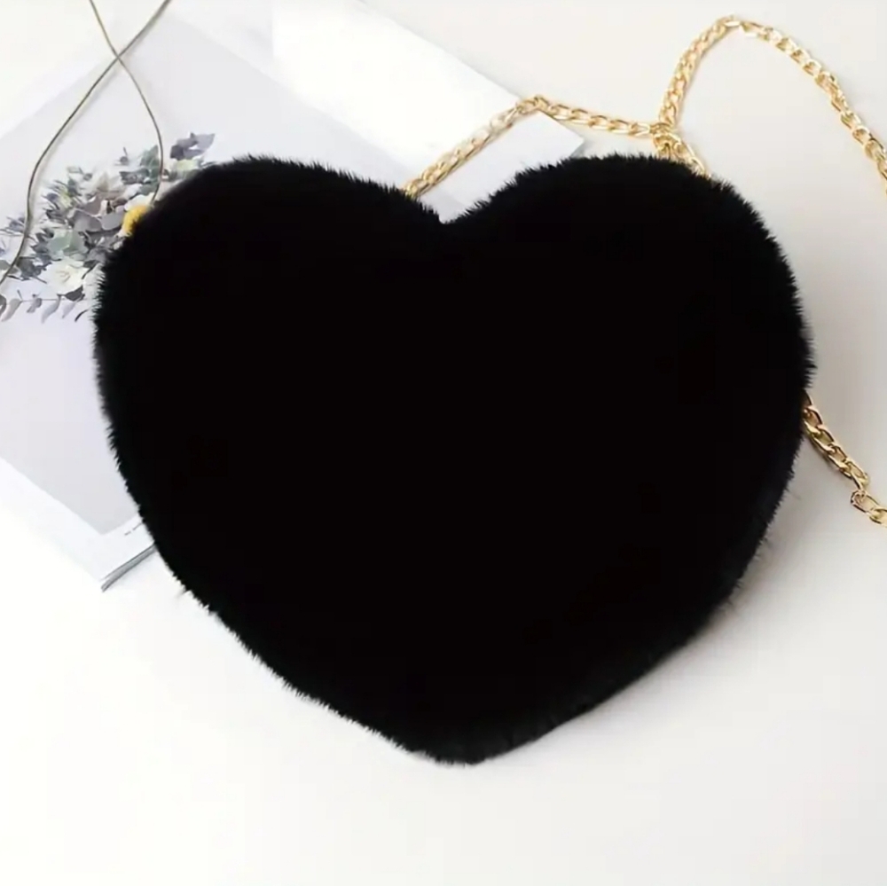 Black Heart Plush Shoulder Bag Purse